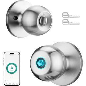 Fingerprint Door Lock, Smart Door Knob with Lock, Biometric Door Lock with App Control & Key, Keyless Door Locks for Bedrooms, Front Door, Home, Finger Print Door Knobs Satin Nickel, 1 Pack