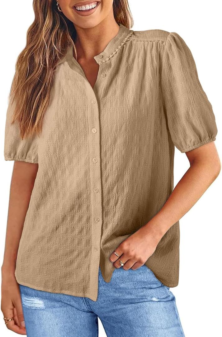 EVALESS Womens Button Down Shirts Cute Short Puff Sleeve V Neck Tops Spring Summer Blouses for Women Dressy Casual (L)