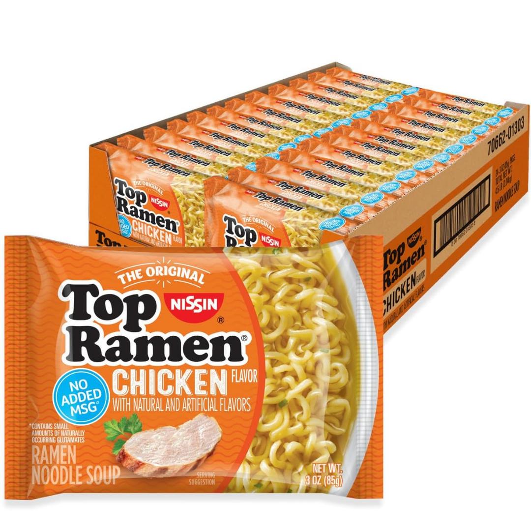 Nissin Top Ramen Noodle Soup, Chicken, 3 Ounce (Pack of 24) (EXP 07/01/27)