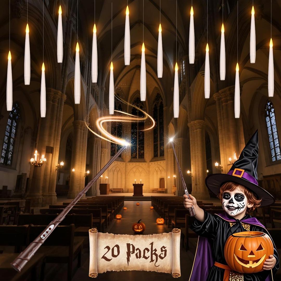 Halloween Decorations Floating Candles with Wand: 20Pcs Flameless Floating Candles with LED Warm Lights Battery Operated Magic Candle for Birthday Gifts Halloween Party Decorations Indoor Home Decor