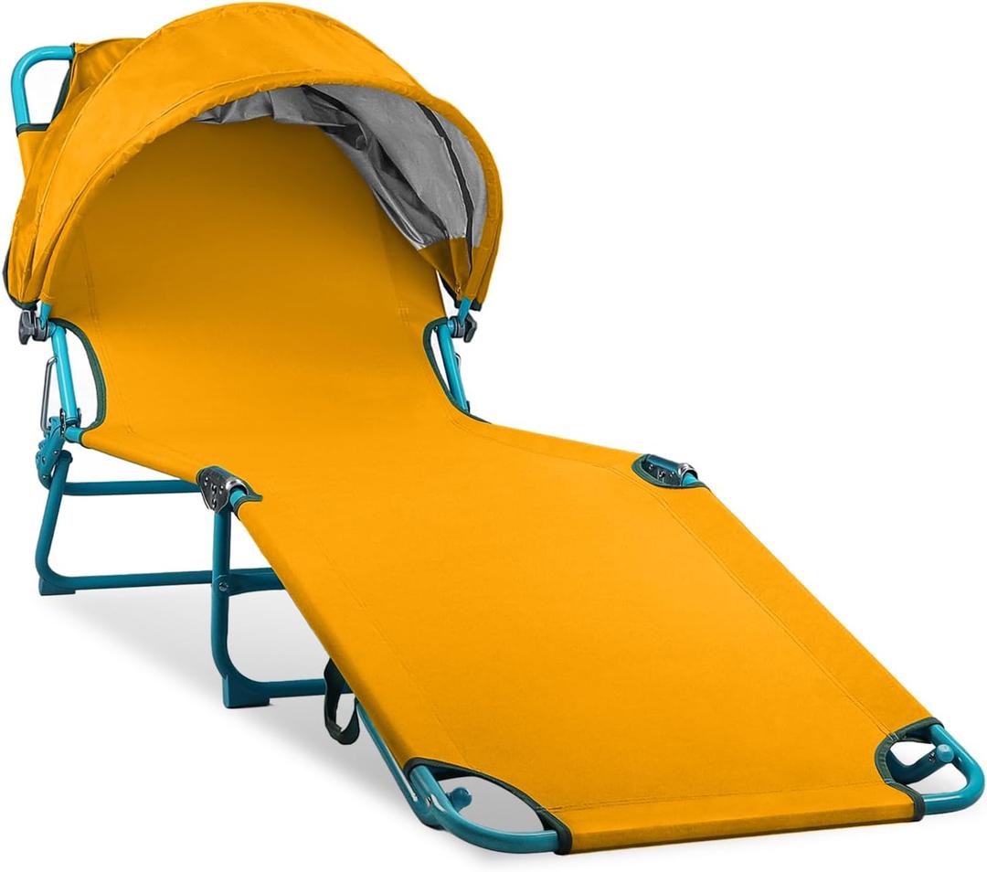 Colorsoul Tanning Chair with Sun Canopy,Adjustable 4-Position Beach Lounge Chair for Adults,Heavy Duty Folding Outdoor Lounge Chair,for Patio Poolside Sunbathing,UPF 50+,300 LBS,Yellow, 6.59 ft x 2.17 ft x 0.89 ft