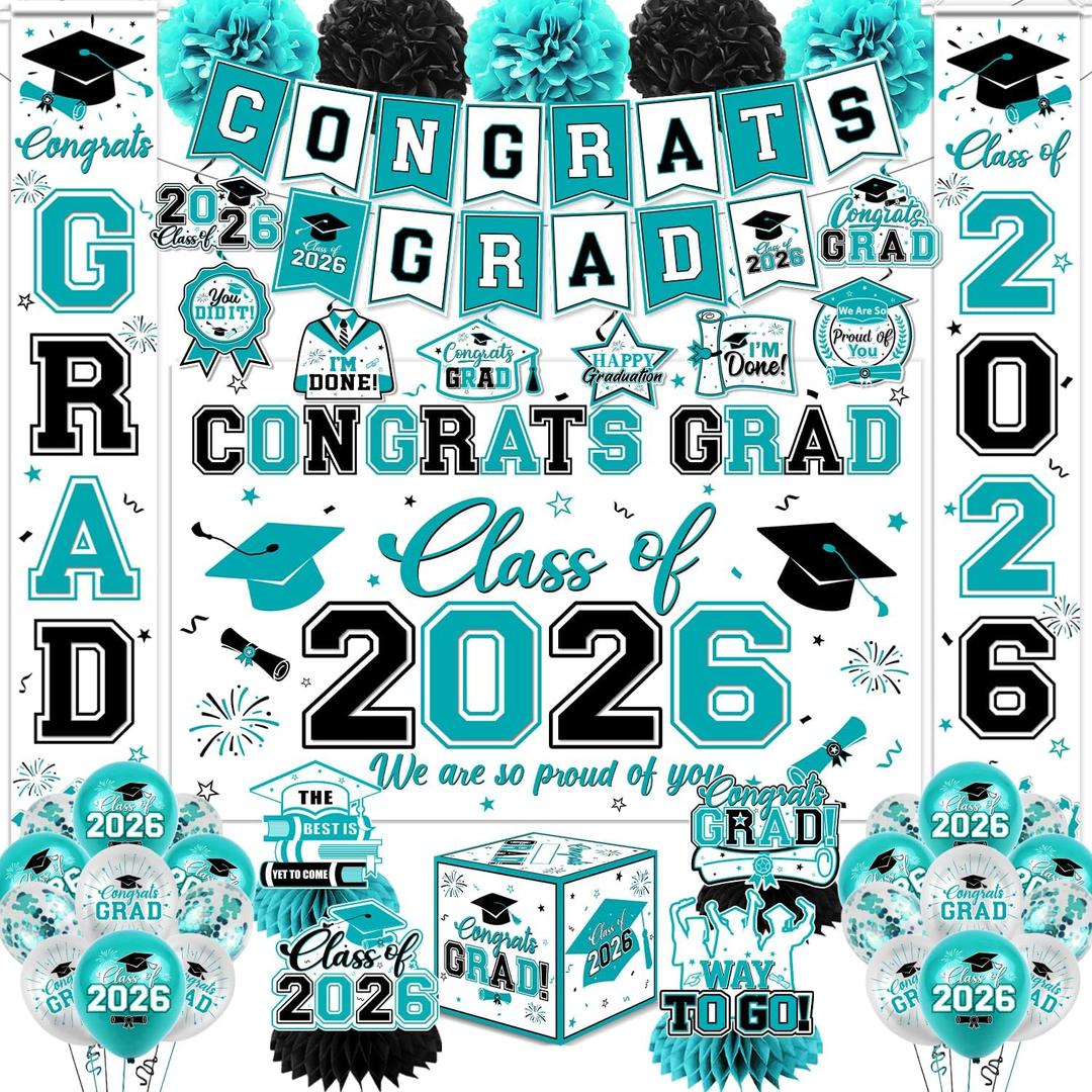 Teal Graduation Decorations 2026 - Graduation Party Supplies Kit with Congrats Grad Backdrop,Banner,Hanging Swirls,Balloons Teal Congrats Grad Decorations for Class of 2026 Party