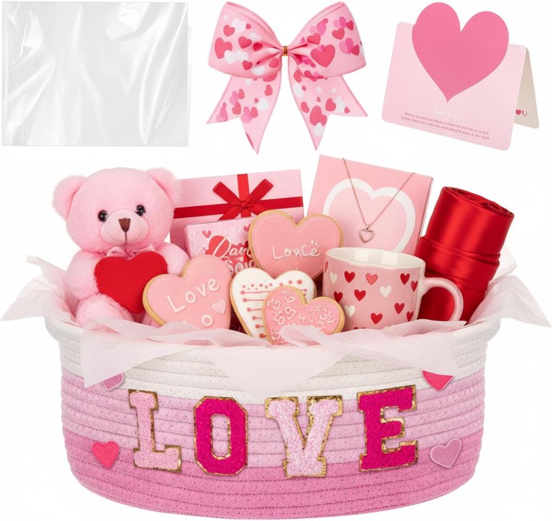 Colingmill Valentine Day Small Woven Basket, Empty Gift Basket with Gift Bag Bow and Greeting Card,Tissue Paper and Love Alphabet Patch Baby Baskets for Nursery, 12 x 8 x 5 (Pink,White)