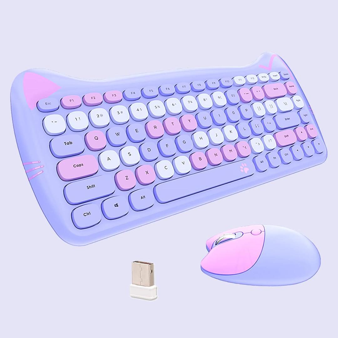 Cute Cat 2.4G USB Wireless Keyboard and Mouse Combo, Silent Keys, Candy Colors, Compatible with Notebook, PC (Purple-84Keys)