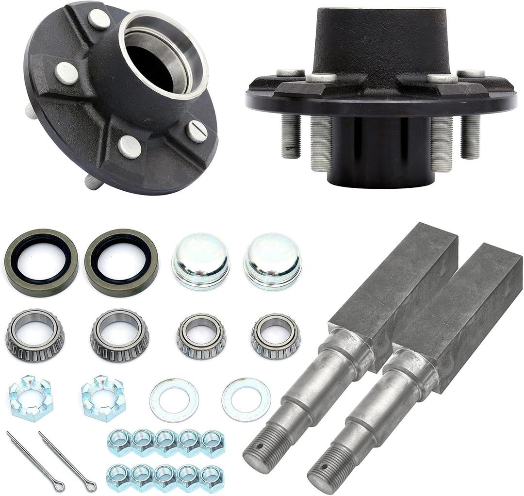 FKG Trailer Hub Spindle Kit 5 Bolt on 4.5 Inch 5-4.5" Bolt Circle Hub Fit for 3,500 lb. axles with 1-3/8 Inch to 1-1/16 Inch Tapered Spindles, Set of 2