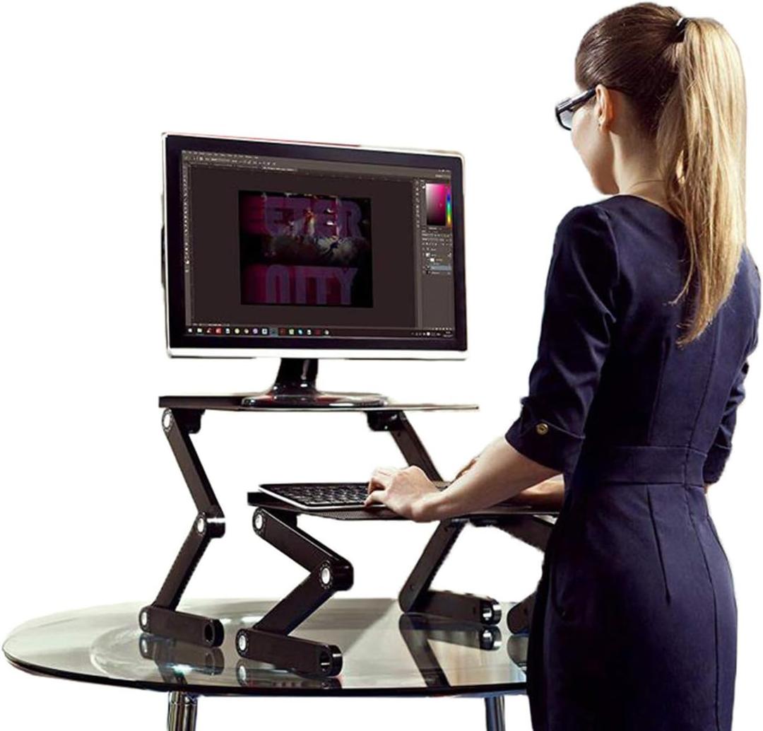 WorkEZ Adjustable Standing Desk Converter w/2 Fans & 3 USB Ports, Sit to Stand Desk Riser Monitor Standing Computer Desk, Height & Angle Negative Tilt (Black)