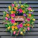 Pinkpuii Spring Wreaths for Front Door Outside  24 Inch Artificial Tulip & Wildflower Summer Wreath with Green Eucalyptus Leaves and Welcome Sign- Indoor Outdoor Farmhouse Home Porch Wall Decor