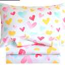Kids Sheet Set Heart Twin Size Bedsheet for Girls, 3PCS Colorful Love Printed Microfiber Soft Breathable Children Bedding Easy-Fit 14 Inch Deep Pocket