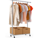 TigerParty Clothes Rack for Hanging Clothes, Sturdy Stainless Steel Clothing Rack, Extendable & Adjustable Rolling Garment Rack with Wheels for Bedroom Laundry Living Room
