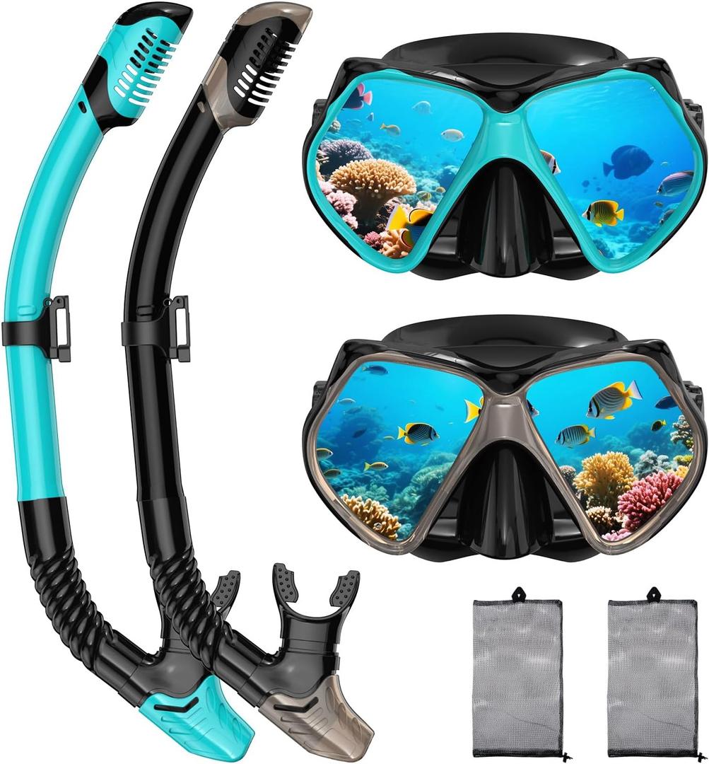 Snorkeling Gear for Adults, Dry Snorkel, Mask Set Adult, Diving Scuba Mask, Scuba Gear, Swimming Goggles with Nose Cover, Swim Freediving Tempered Glass Panoramic View Travel Packages (Gray/Green)