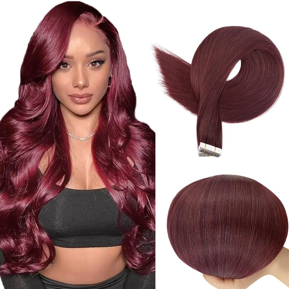#99J Burgundy Tape in Extensions Human Hair 12 Inch Wine Red Straight Tape in Seamless Extensions Real Human Hair Skin Weft Seamless Invisible Unprocessed Virgin Remy Hair 45g 10 Pcs