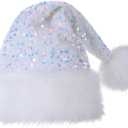 Personalized Sequin Santa Hat for Adults, Red Glitter Christmas Party Hat, Xmas Halloween New Year Holiday Headwear (White)