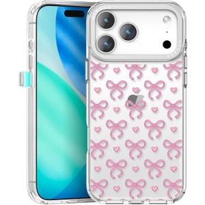 pcgaga Aesthetic Phone Case for iPhone 17 Pro Max 6.9" with Embossed Patterned Hard Clear Back Cover,Slim TPU Bumper,Camera Frame -360°Shockproof Full Protection, Pink Bow