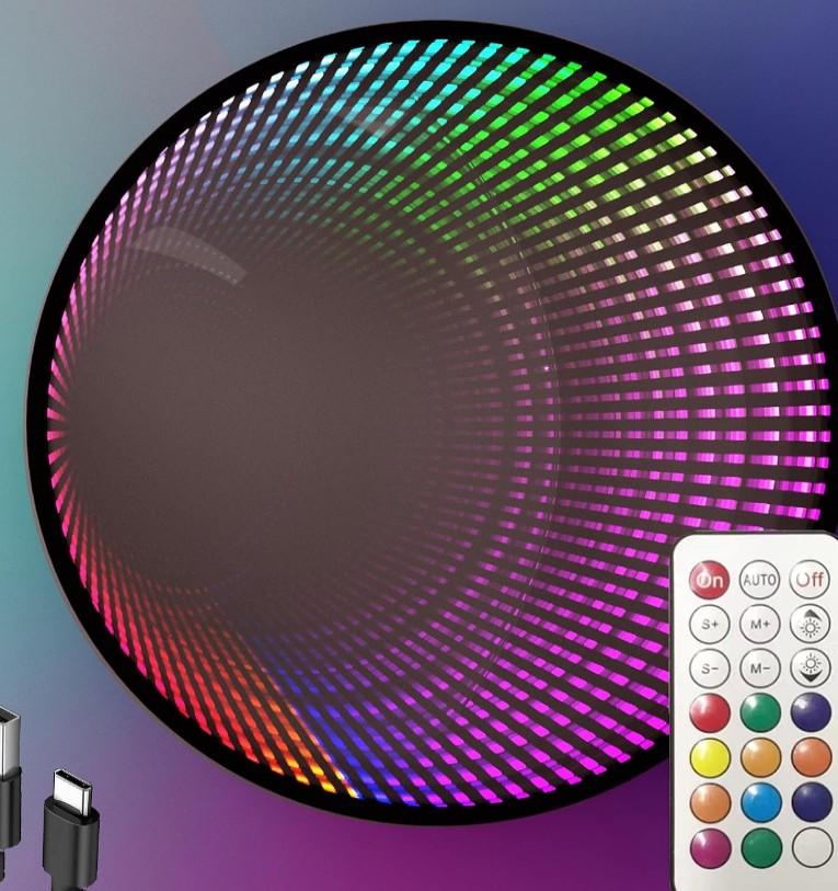 Infinity Mirror Light Round, Remote Controlled, LED Wall Decor, Dimmable RGB Color Changing Black Remote Control