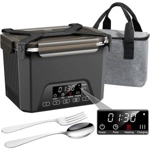 Cordless Electric Lunch Box, 1.2L Self Heating Lunch Box Battery Powered with Automatic Heating, BPA Free, Meal Prep Friendly (Black)