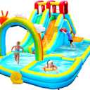 WELLFUNTIME Inflatable Water Double Slides Park with Blower, Bouncy Castle with Rainbow Water Curtain, with Shooting and Rock Climbing