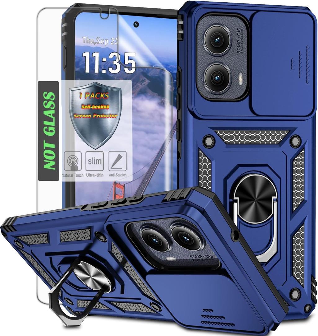 AYMECL Military-Grade Protective Case for Motorola Moto Edge 2024/Edge 5G 2024 (6.6")  Slide Camera Cover, HD Self-Healing Screen Protector, Magnetic Ring Kickstand-Blue