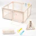 TOMBOSS Foldable Baby Playpen, Beige, Oxford Cloth, 50x50 Inch, Collapsible Play Yard with Mesh Sides and Toy Rings