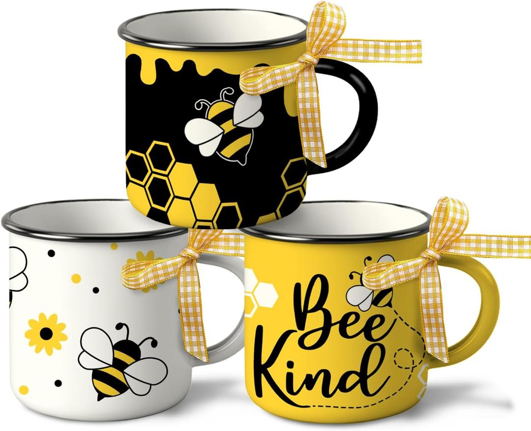 Bumble Bee Themed Spring Summer Mini Coffee Mug Set of 3, Bee Kind Honey Beehive 5 oz Mini Coffee Cups Tiered Tray Decor, Inspirational Kitchen Coffee Bar Decorations Housewarming Gift