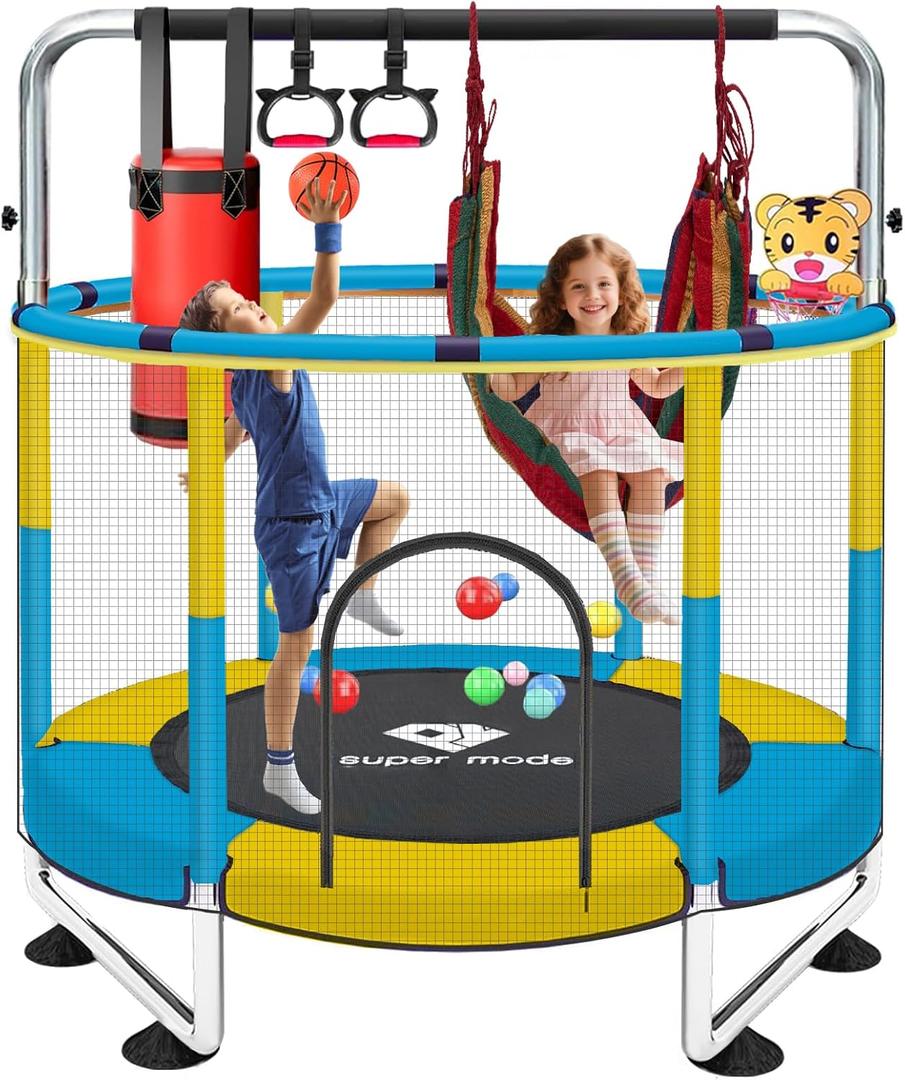 55" Indoor & Outdoor Trampoline for Kids with Enclosure, Toddler Trampoline with Adjustable Gymnastics Bar & Toys, No-Gap Safety Design (Stainless Steel, blue yellow)