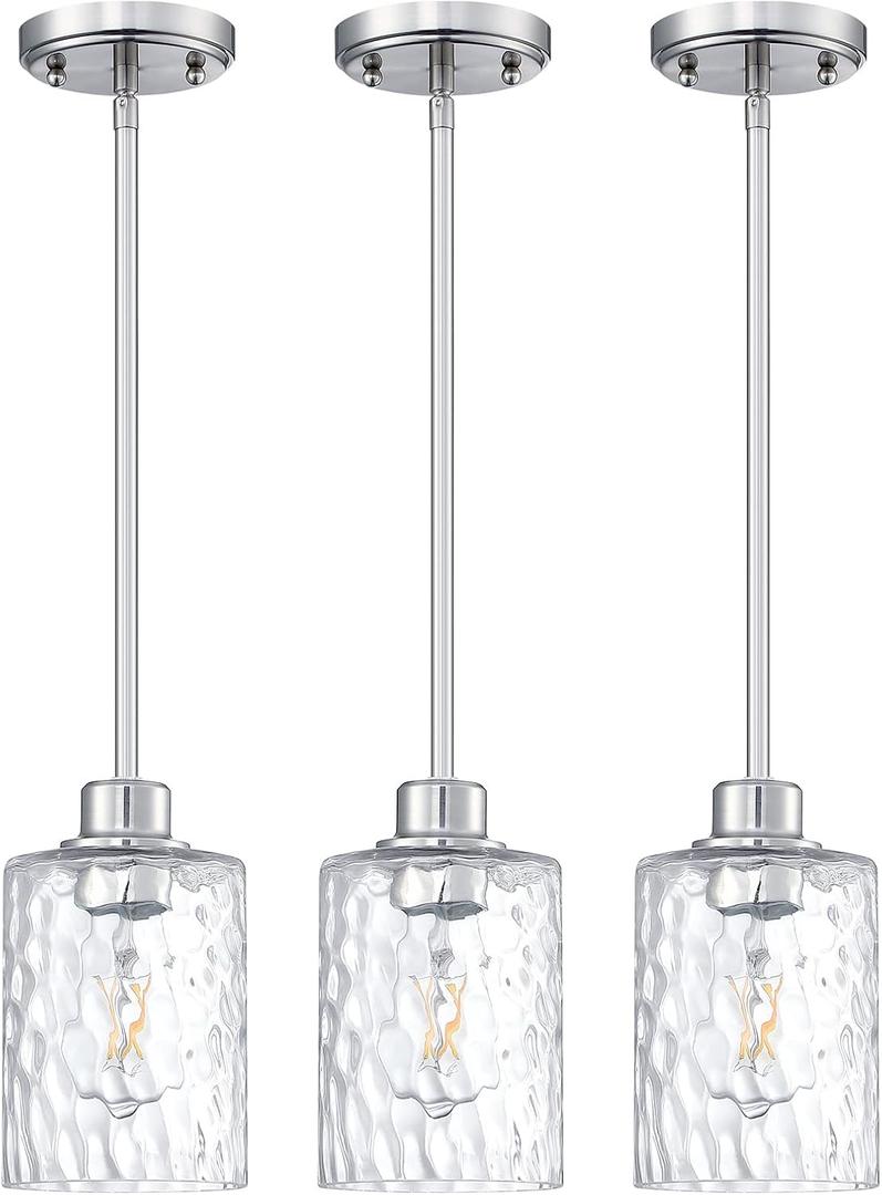 Dolaimi House 3 Pack 1 Light Modern Globe Pendant Light Brushed Nickel Finish Clear Hammer Glass Chandelier Shade, Adjustable Height Hanging Pendant Lighting Fixture for Kitchen Island, Dining Room