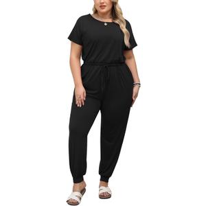 Nemidor Plus Size Casual Jumpsuits for Curvy Women Summer Short Sleeve Drawstring Waist Long Pant Romper with Pocket (20, Black)