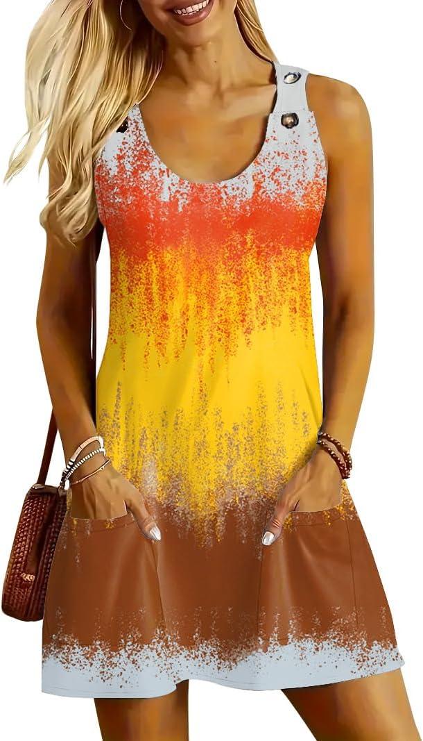 ETCYY NEW Womens Sleeveless Summer Dresses 2025 Cusual U Neck Sundresses Striped Printed Short Dress with Pocket (Small, Tiedyebyellow)
