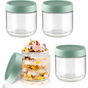 300ml/10oz Overnight Oats Container with Green Screw Lids 4Pcs Wide Mouth Glass Food Jars Airtight Yogurt Bottle for Salad Dressing Fruits Jam Candy Cookies Snacks