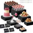 Blosssound 8 Pieces Black Acrylic Risers with 8 Signage 2 Markers, 3-10 Inch Cube Nesting Risers Display Stands with Hollow Bottoms for Buffet Table Catering Dessert Food Collectibles Show
