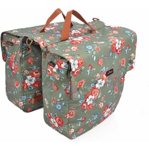 TOURBON Canvas Cycling Bag Bike Pannier Rear Seat Bag Bicycle Grocery Rack Trunk (Green with Flower)