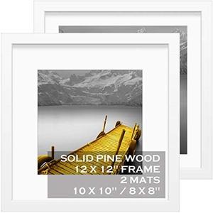 12x12 Picture Frames White Made of Solid Wood Display Pictures 10x10 or 8x8 with Mat or 12x12 without Mat - Each 12x12 Inch Square Photo Frames with 2 Mats Wooden for Wall or Tabletop Mount, Set of 2
