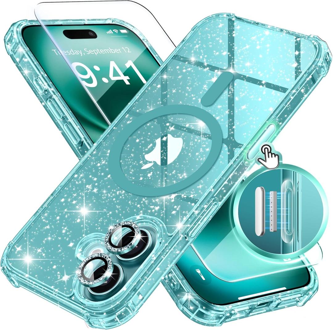BERFY Magnetic for iPhone 16 Case, [Compatible with Magsafe], with Screen Protector + Camera Lens Protector, [Non-Yellowing] Clear Sparkly Shockproof Hard Phone Case for Women 6.1", Shiny Green
