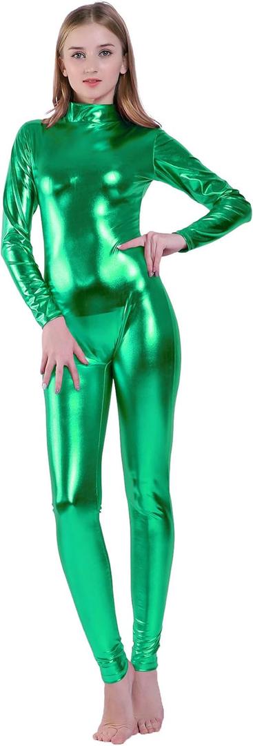 Kepblom Shiny Metallic Unitard Turtleneck Long Sleeve Footless Zentai Suit Catsuit Dancewear (Small, Green)