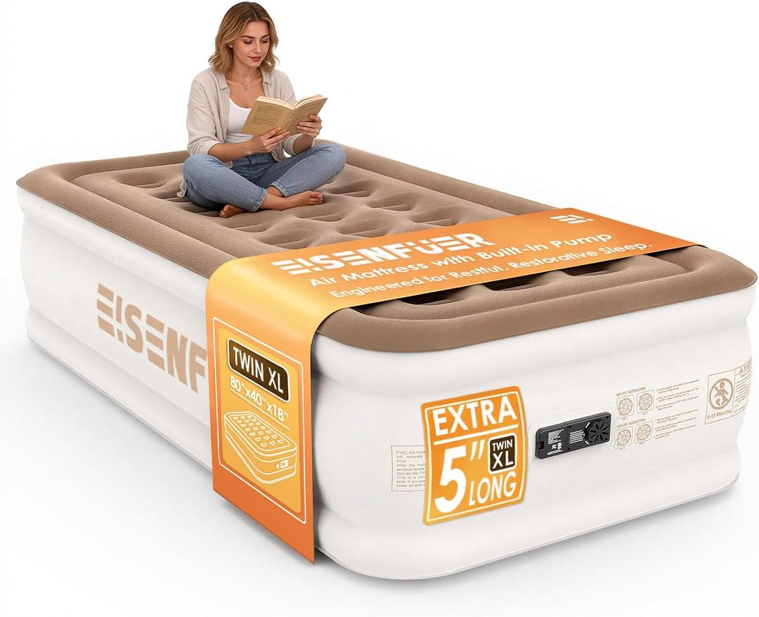 Air Mattress Twin XL (Extra Long) with Built-in Pump – 18" Raised Inflatable Bed with High Speed Built-in Pump, colchón inflable, Carry Bag, Cozy Guest Air Bed for Sleepovers, Glamping, Moving, Camel Beige - Coil-beam, Twin XL