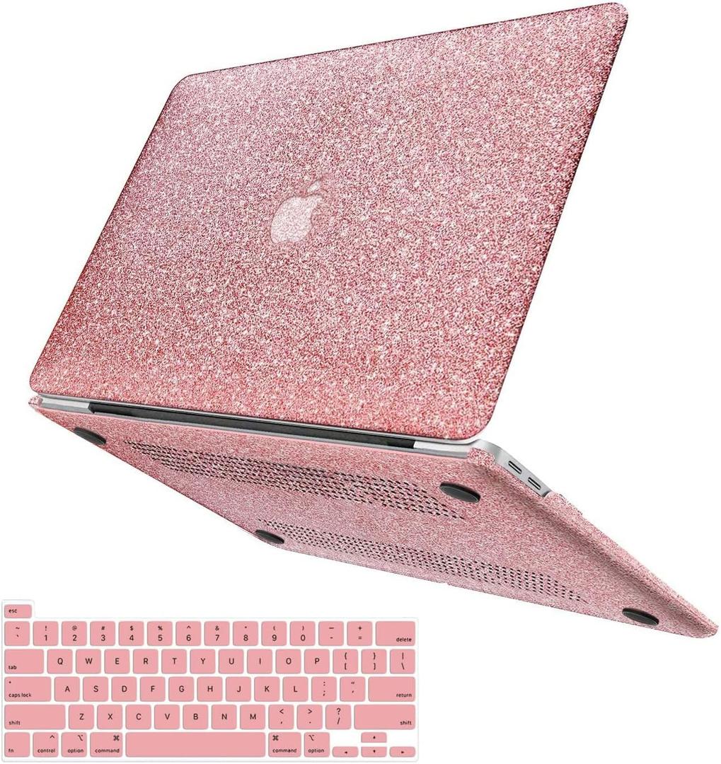 Compatible with MacBook Pro 13 inch Case M2 2025 2024 2023 2022 2021-2016 M1 A2338 A2251 A2289 A2159 A1989 A1708 A1706,Glitter Smooth Leather Hard Shell Case + Keyboard Cover, Shining Rose Gold