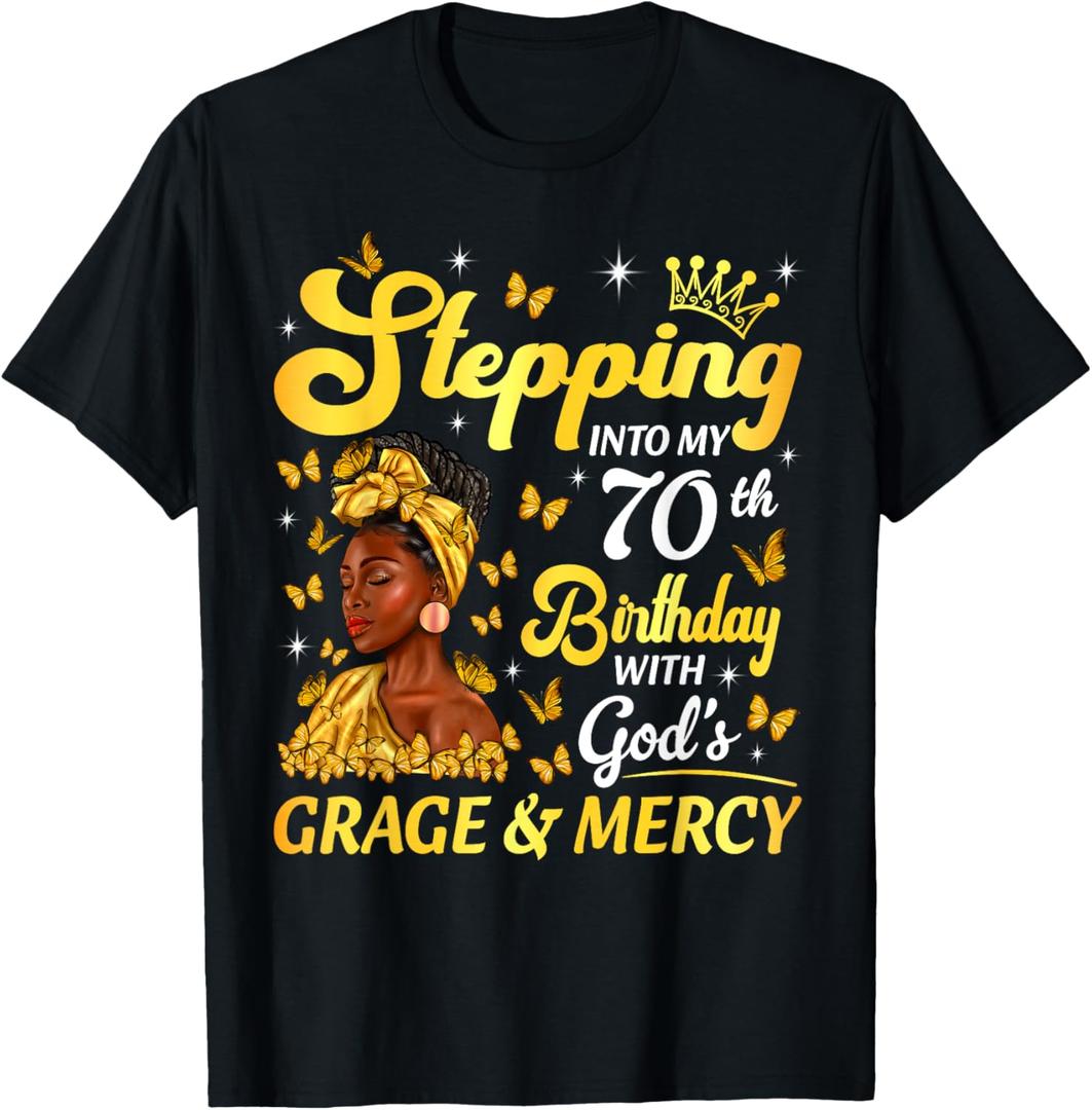 Stepping Into My 70th Birthday Afro Woman Religious Birthday T-Shirt (Small, Black)