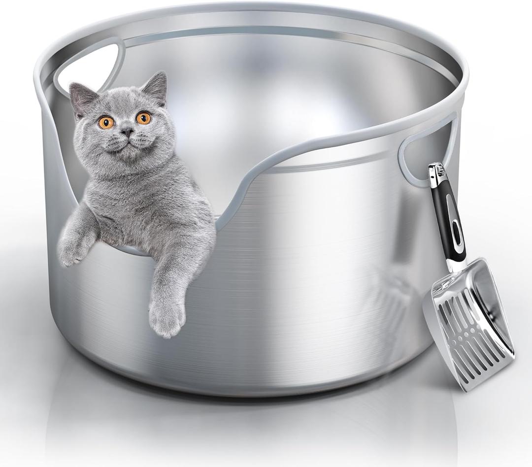 Stainless Steel Litter Box Metal with Integrated Round for XL/XXL Big and Multi Cats, 12" High Wall High Side, Odor Control, Easy to Clean, Durable, Includes Stainless Steel Scoop (17.7" 17.7"12")
