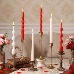 Lyrow 6 Pcs 8 Inch Valentine Day Twisted Taper Candles Dripless Red White Unscented Spiral Wax Taper Candles Valentine Long Swirl Tapered Candlesticks for Wedding Holiday Party Decoration