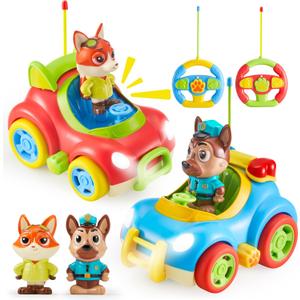 Remote Control Car for Toddlers, 2 Pack RC Cars with Figure Bump & Ejection Play, Kids Cartoon Toys with LED Lights, Music, Volume Control, Christmas Birthday Gift for Boys & Girls