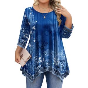 IN'VOLAND Plus Size Tops for Women 3/4 Sleeve Shirts Tunic Tops to Wear with Leggings Loose Fit Summer Fall Clothes (Blue, XXXL)