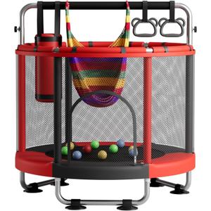 ZCMHAXJ 55" Trampoline for Kids with Enclosure, 440lbs Capacity Indoor & Outdoor Toddler Trampoline with Adjustable Gymnastics Bar & Toys, for Boys & Girls (Red)