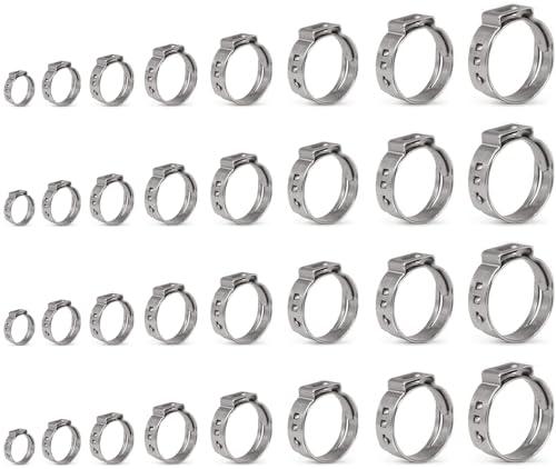 IEUYO Single Ear Clamps Assortment Kit, StepLess Clamps, Pex Pinch Ring Clamp for Securing Pipe Hoses and Automotive Use 304 Stainless Steel 3/8"-1" (7.8mm-25.6mm) 120Pcs/8Sizes