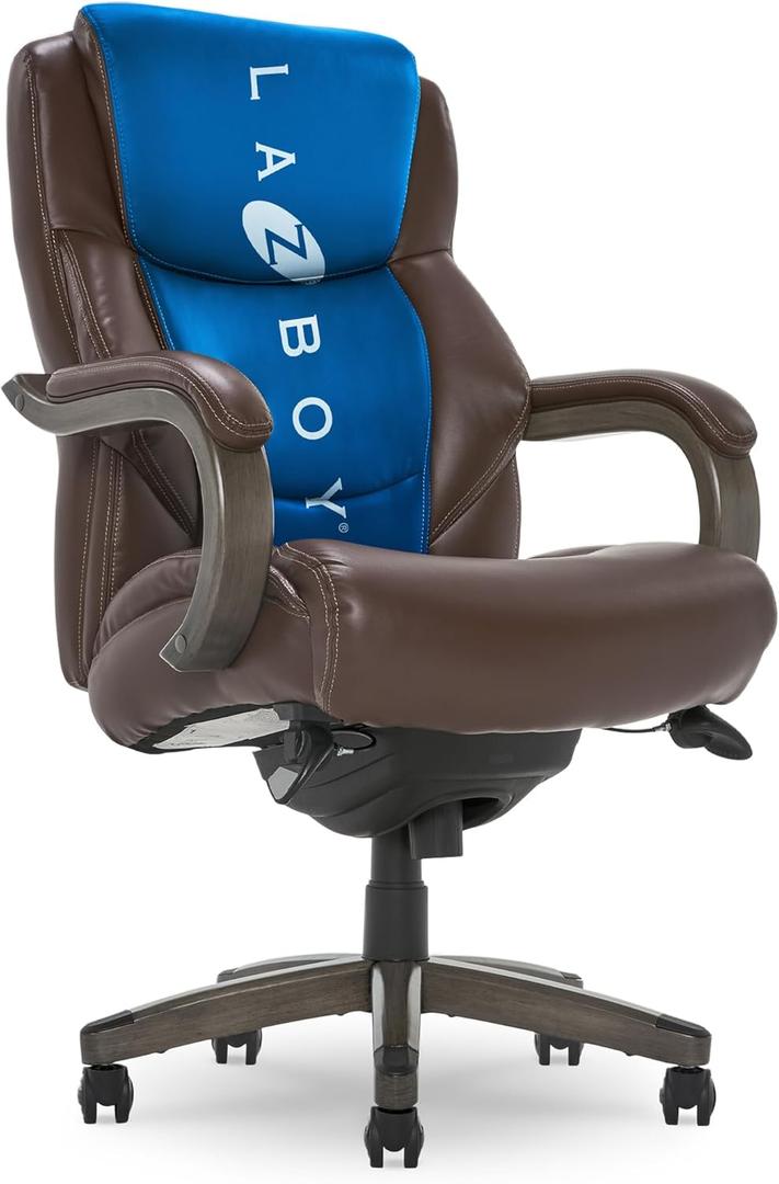 La-Z-Boy Delano Big & Tall Executive Office Chair, Ergonomic Mid-Back Lumbar Support, ComfortCore Memory Foam Cushion, Weathered Gray Wood Arms & Swivel Base, Bonded Leather, Chestnut Brown La-Z-Boy Delano Big & Tall Executive Office Chair, Ergonomic Mid-Back Lumbar Support, ComfortCore Memory Foam Cushion, Weathered Gray Wood Arms & Swivel Base, Bonded Leather, Chestnut Brown