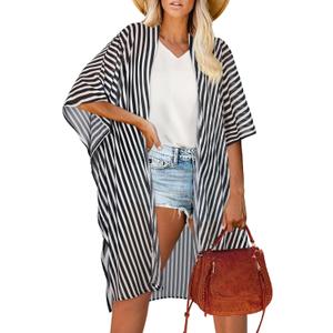 Women's Kimono Beach Cover up for Summer Bathing Suits Cardigans Casual Loose Swimwear (Medium, Black White Stripe)