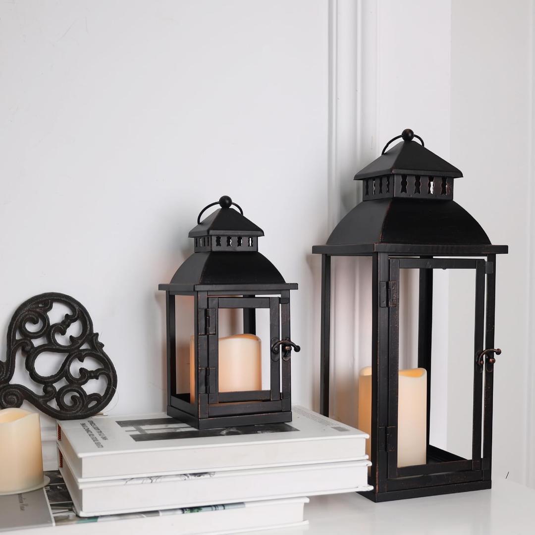 DECORKEY LED Lanterns Decorative Outdoor&Indoor, Set of 2 (17&11) Large Black Metal Lantern Decor with bronze brush, Candle Holder for Porch, Patio, Garden, Balcony, Wedding Decorations (No Glass)