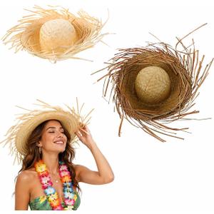 Garneck 2pcs Hawaiian Straw Hat: Woven Beach Sun Hats Packable Mexican Sombrero Headpiece for Luau Party Tropical Vacation Poolside Photos and Summer Travel