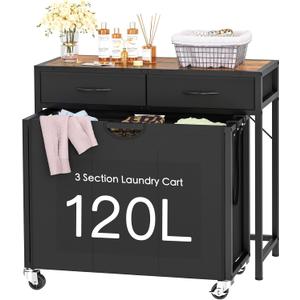 Laundry Sorter, Rolling Laundry Hamper with 3 Section Pull-Out Bags, Laundry Basket Organizer with 2 Drawers & 2-Tone Top Panel, Laundry Hamper with Wheels for Laundry Room Organization, Bathroom