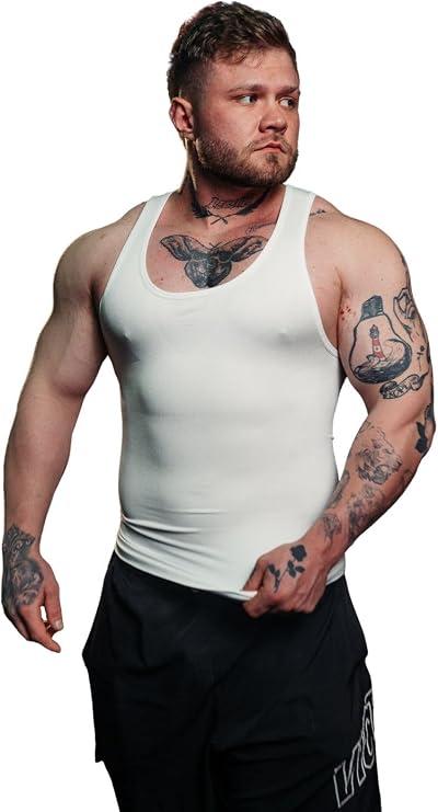 INSHAPE Men’s Compression Shirt Slimming Shapewear Tank – Chest & Abdomen Control Undershirt for Gynecomastia (US, Alpha, Medium, Regular, Regular, 1, white)