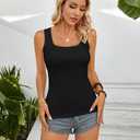 VICHYIE Womens Summer Tank Tops Square Neck Sleeveless Low Cut Sexy Shirts Ribbed Tanks Slim Fitted Casual Basic Tee Shirt (Black, L)