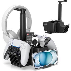 KDD Dual Controller Holder with Headphone Stand - Multi-Functional Desk Storage Box with Phone Holder - Universal Controller Stand with Desktop Organizer for Remote Control Pen Accessories(Black)